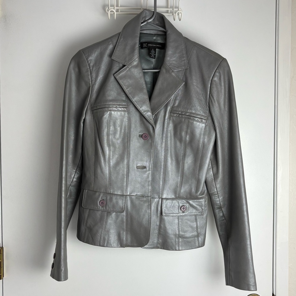 INC International Concepts Silver/Gray Leather Jacket